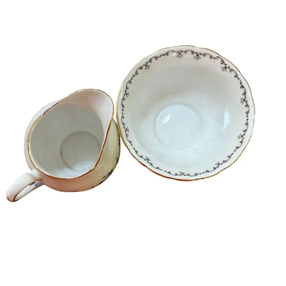 Vintage Tuscan bone china creamer & sugar bowl set blue green floral gold trim